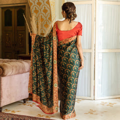 Teej Green Printed Satin Silk Saree with Unstitched Blouse