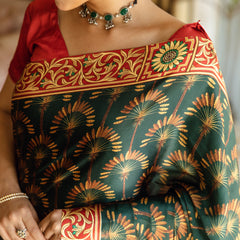 Teej Green Printed Satin Silk Saree with Unstitched Blouse