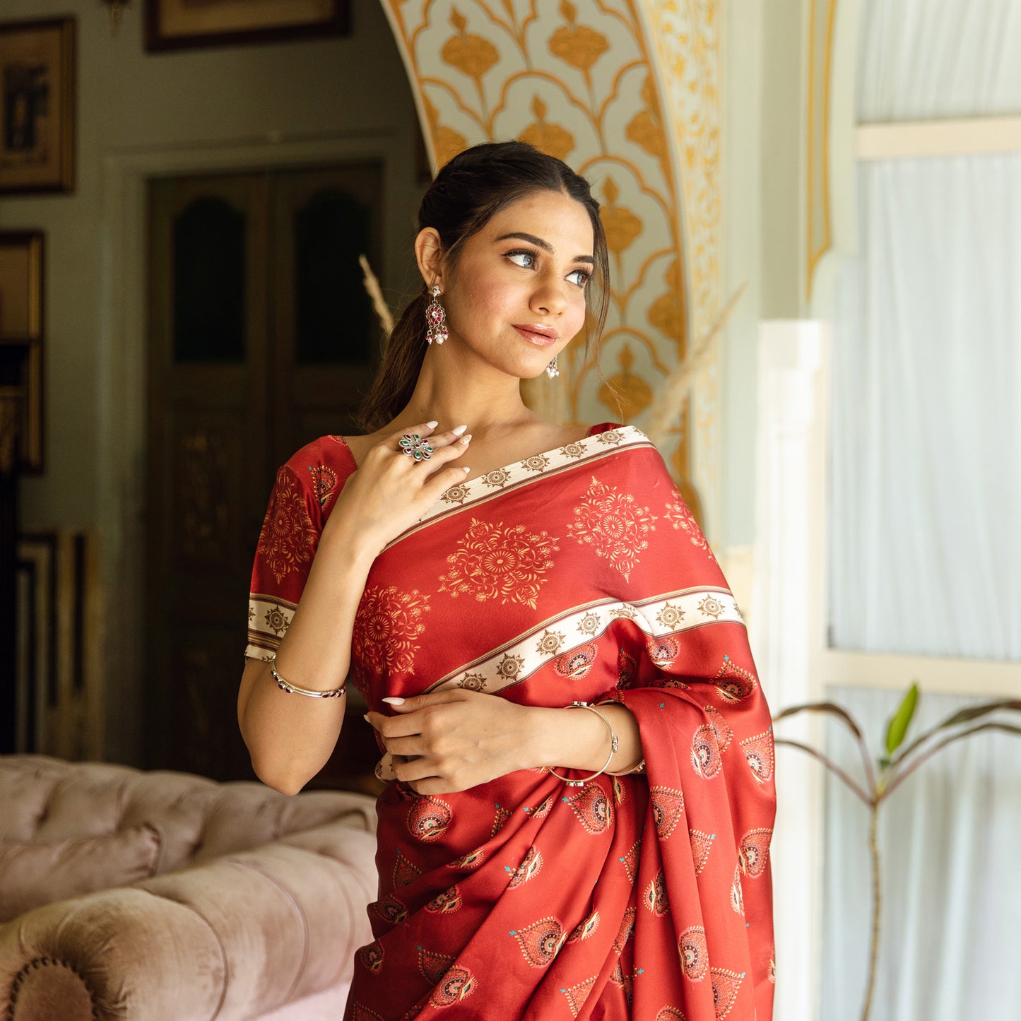 Arika Red Printed Satin Silk Saree with Blouse