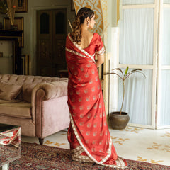 Arika Red Printed Satin Silk Saree with Unstitched Blouse