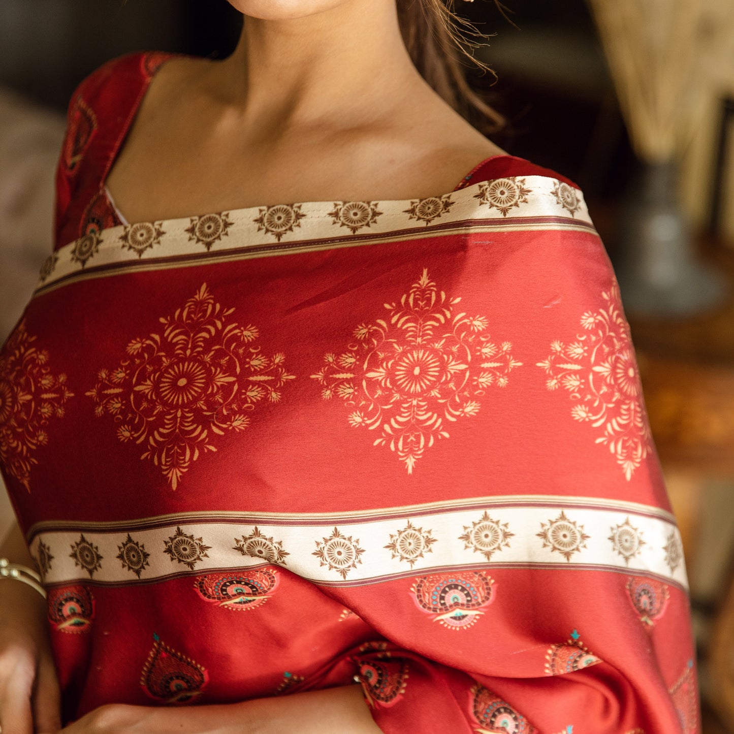 Arika Red Printed Satin Silk Saree with Blouse