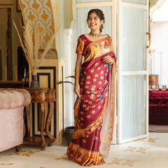 Pretty Bird Red Printed Satin Silk Saree with Unstitched Blouse