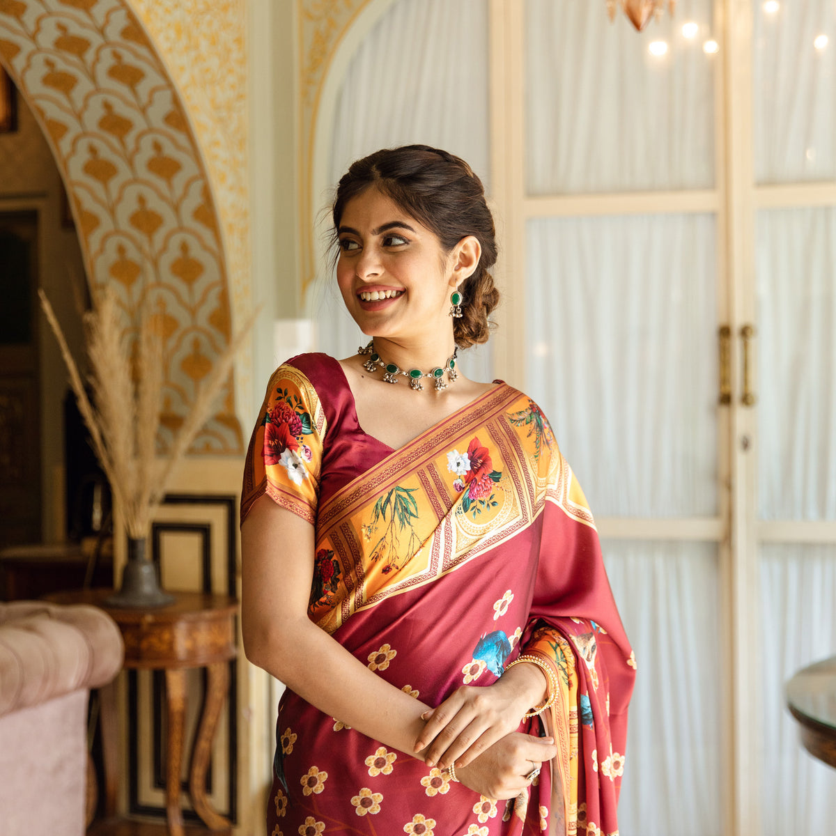 Pretty Bird Red Printed Satin Silk Saree with Unstitched Blouse