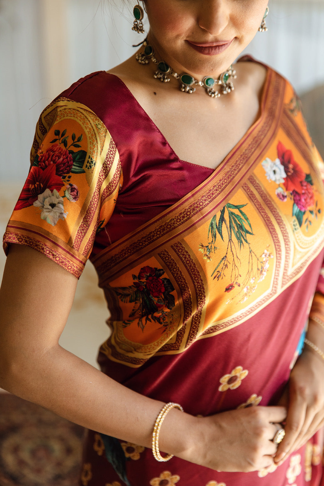 Pretty Bird Red Printed Satin Silk Saree with Blouse