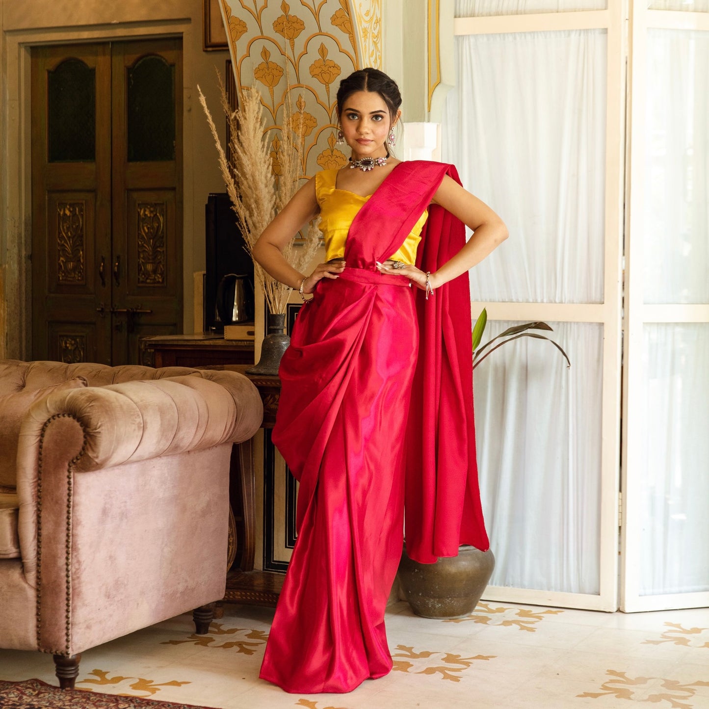 Ruby Pre stitched Satin Silk Saree with Blouse