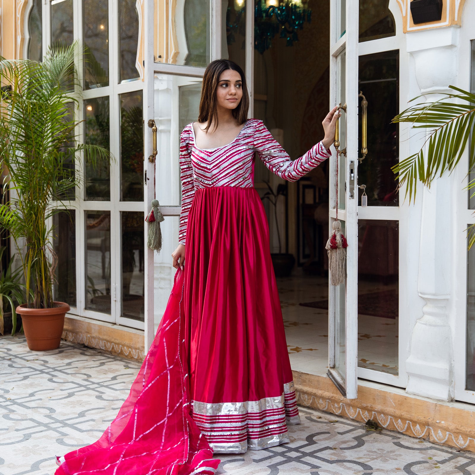 SOLID RED LONG FLARED HAND EMBELLISHED ANARKALI WITH DUPATTA – Saad Ibrahim