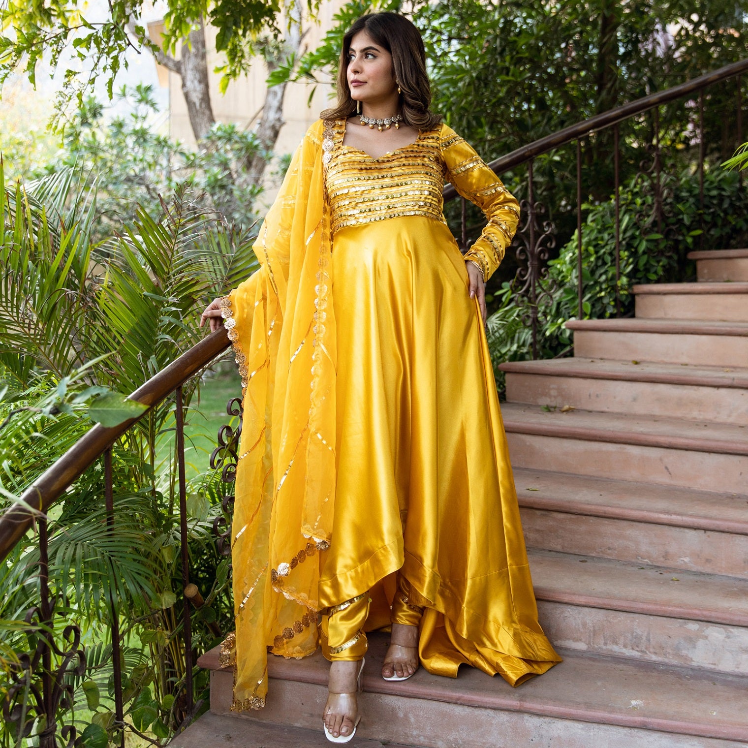 Yellow Anarkali Gown Floral Printed tebbi Organza Fabric With Pant and  Dupatta Set - THE52 - 4265673