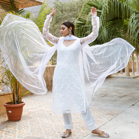 Suhana White Net Embroidery Suit Set