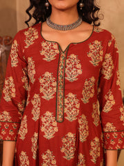 Rust Red Floral Boota Print Cotton A-Line Kurta Set