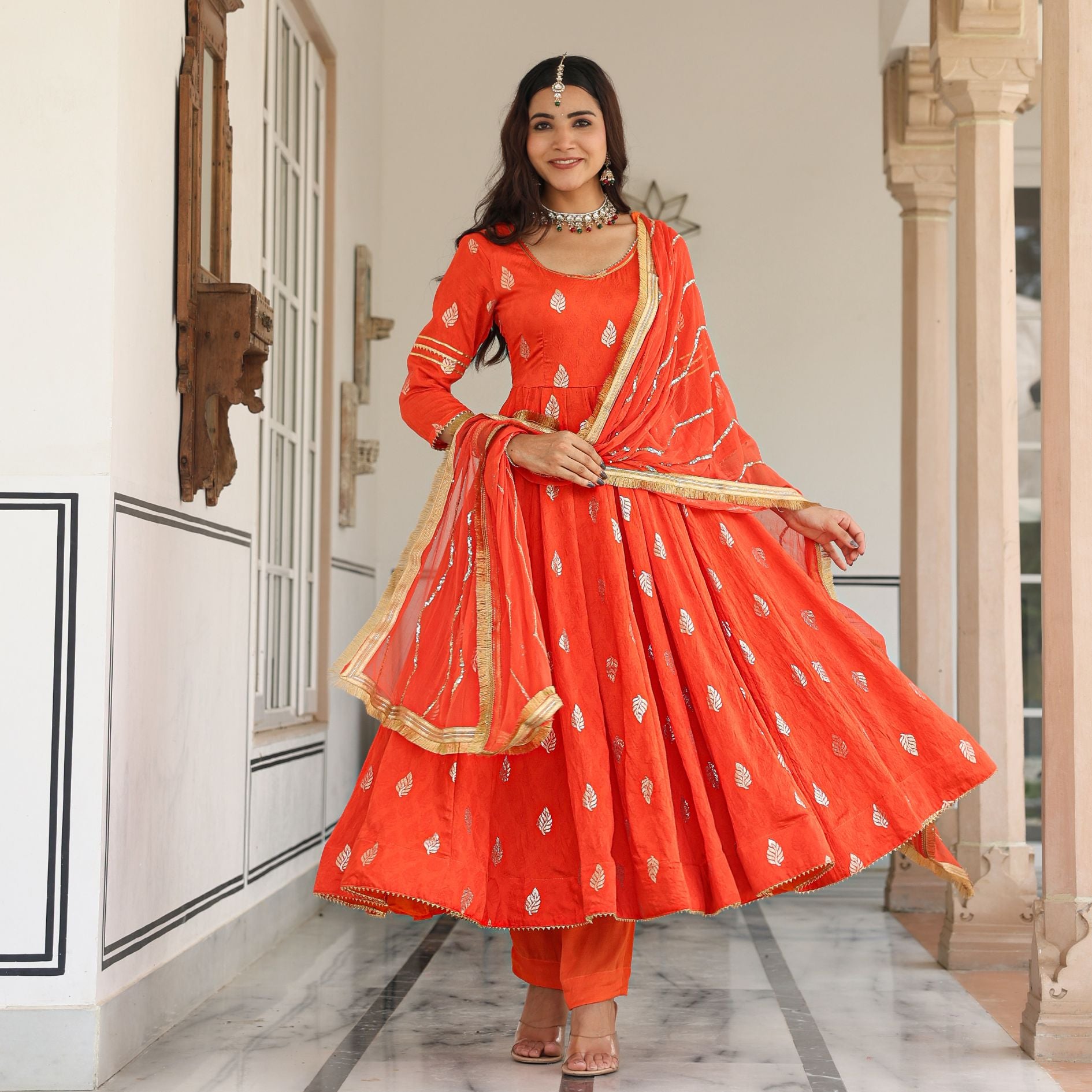 Orange Chanderi Jacquard Anarkali Suit Set