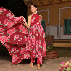 Red Floral Printed Georgette Anarkali suit set