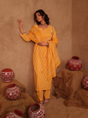 Marigold Floral Boota Hand Block Cotton Straight Kurta Set