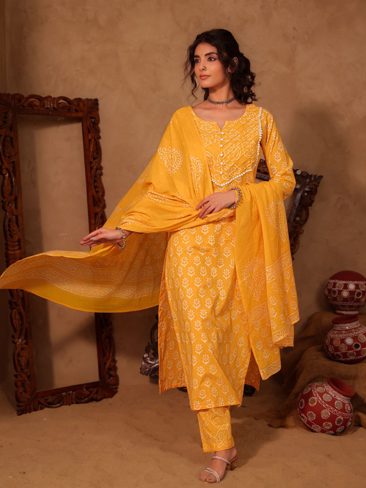 Marigold Floral Boota Hand Block Cotton Straight Kurta Set