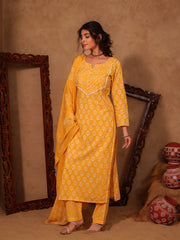 Marigold Floral Boota Hand Block Cotton Straight Kurta Set