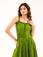 Olive Green Schiffli Tiered Midi Dress