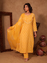 Marigold Floral Boota Hand Block Cotton Straight Kurta Set