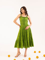 Olive Green Schiffli Tiered Midi Dress