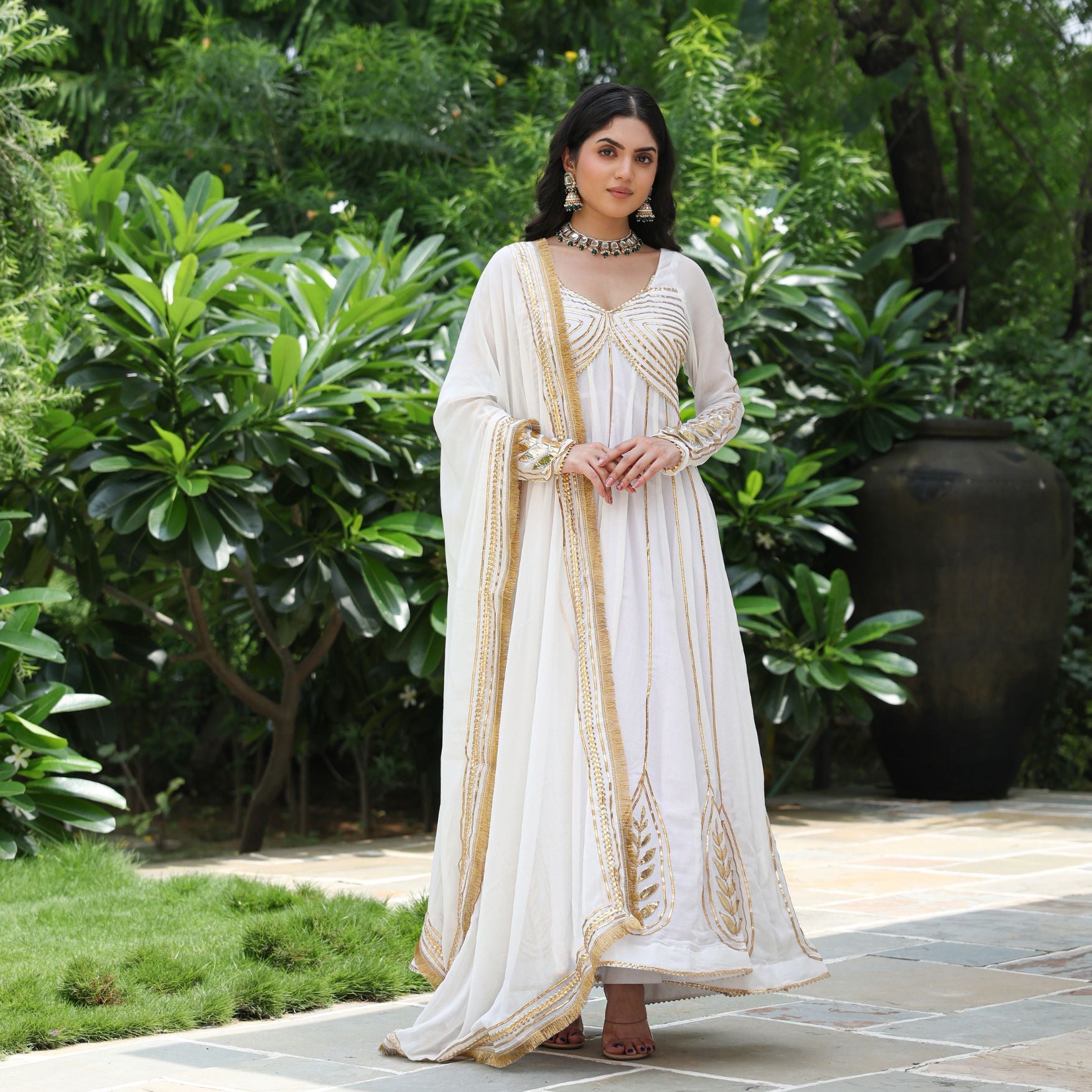 White Gota Work Anarkali Suit Set | Hand Embroidered Georgette | ASHEERA S White Gota Work Anarkali Suit Set | Hand Embroidered Georgette | ASHEERA S