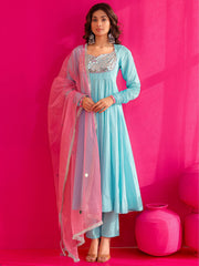 Falak Sky Blue Mirror Work Anarkali Suit Set