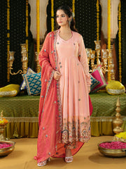 Peach Tissue Heavy Embroidered Anarkali Suit Set