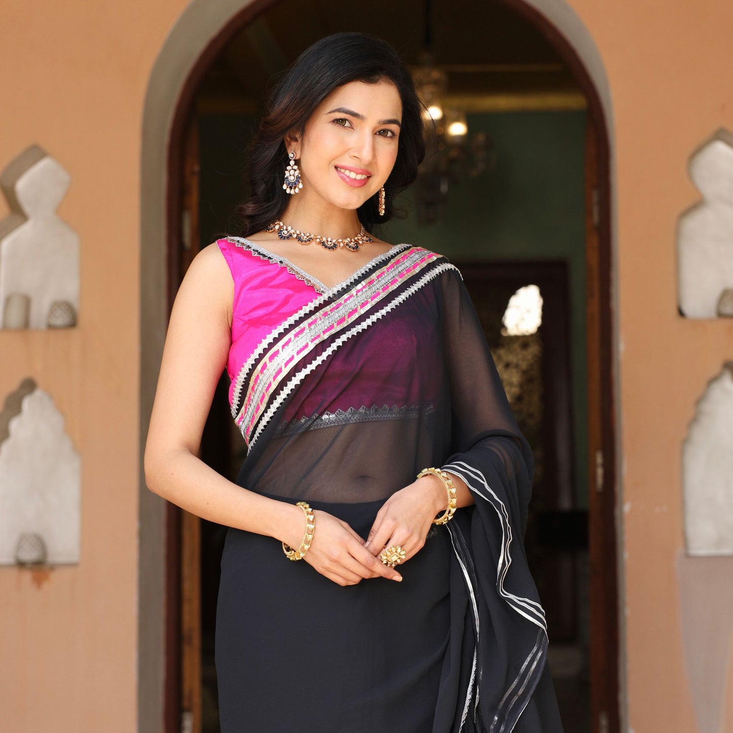 Asheera Black Georgette Gota Work Pre Drape 1 min ruffle Saree