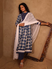 Baani Indigo Blue Dabu Hand Block Cotton Anarkali Set