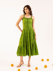 Olive Green Schiffli Tiered Midi Dress