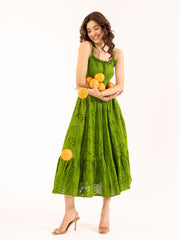 Olive Green Schiffli Tiered Midi Dress