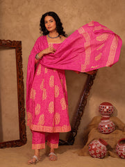 Pink Paisley Hand Block Print Cotton A-Line Kurta