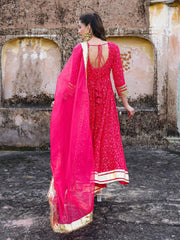 Red Mirror Work Embroidered Anarkali Suit Set