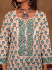 White & Teal Blue Floral Boota Hand Block Print Cotton Straight Kurta Set