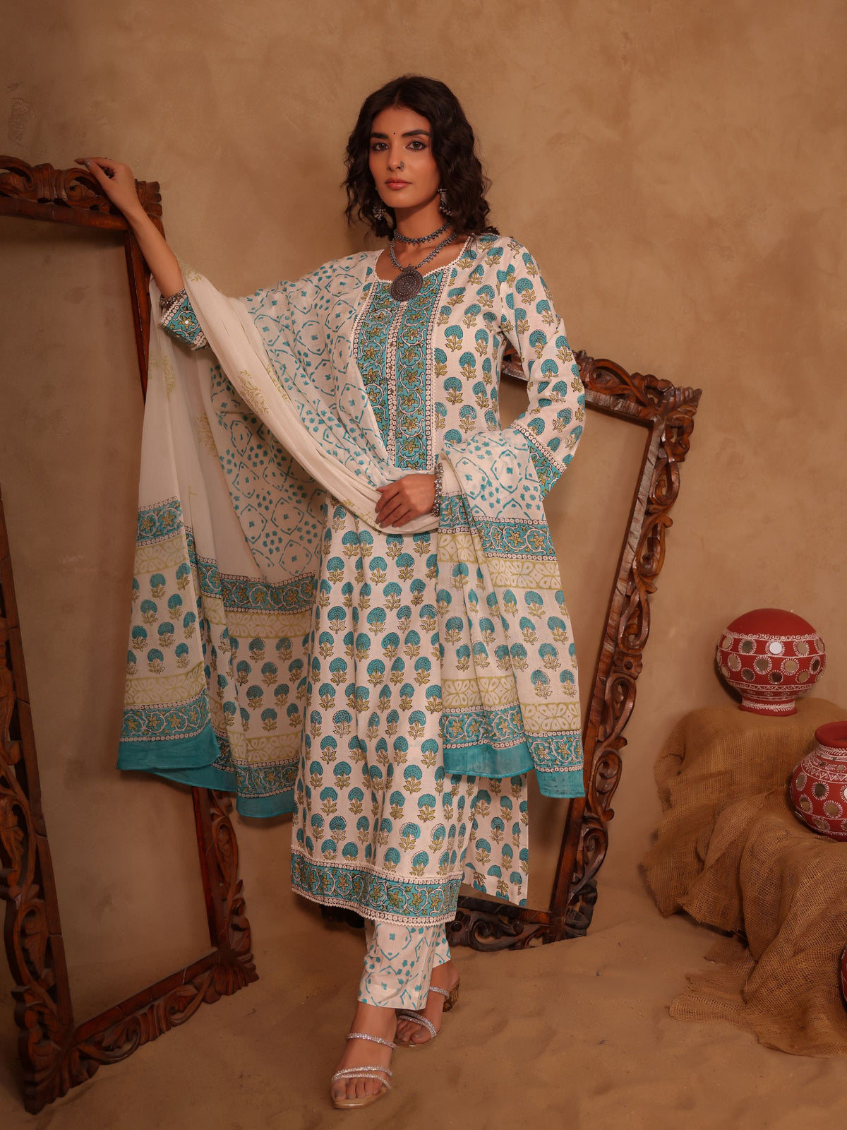 White & Teal Blue Floral Boota Hand Block Print Cotton Straight Kurta Set