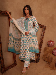 White & Teal Blue Floral Boota Hand Block Print Cotton Straight Kurta Set