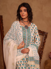 White & Teal Blue Floral Boota Hand Block Print Cotton Straight Kurta Set