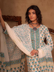 White & Teal Blue Floral Boota Hand Block Print Cotton Straight Kurta Set