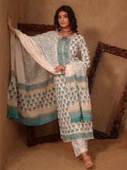 White & Teal Blue Floral Boota Hand Block Print Cotton Straight Kurta Set