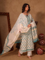 White & Teal Blue Floral Boota Hand Block Print Cotton Straight Kurta Set