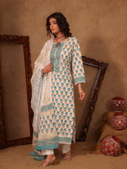 White & Teal Blue Floral Boota Hand Block Print Cotton Straight Kurta Set