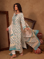 White & Teal Blue Floral Boota Hand Block Print Cotton Straight Kurta Set