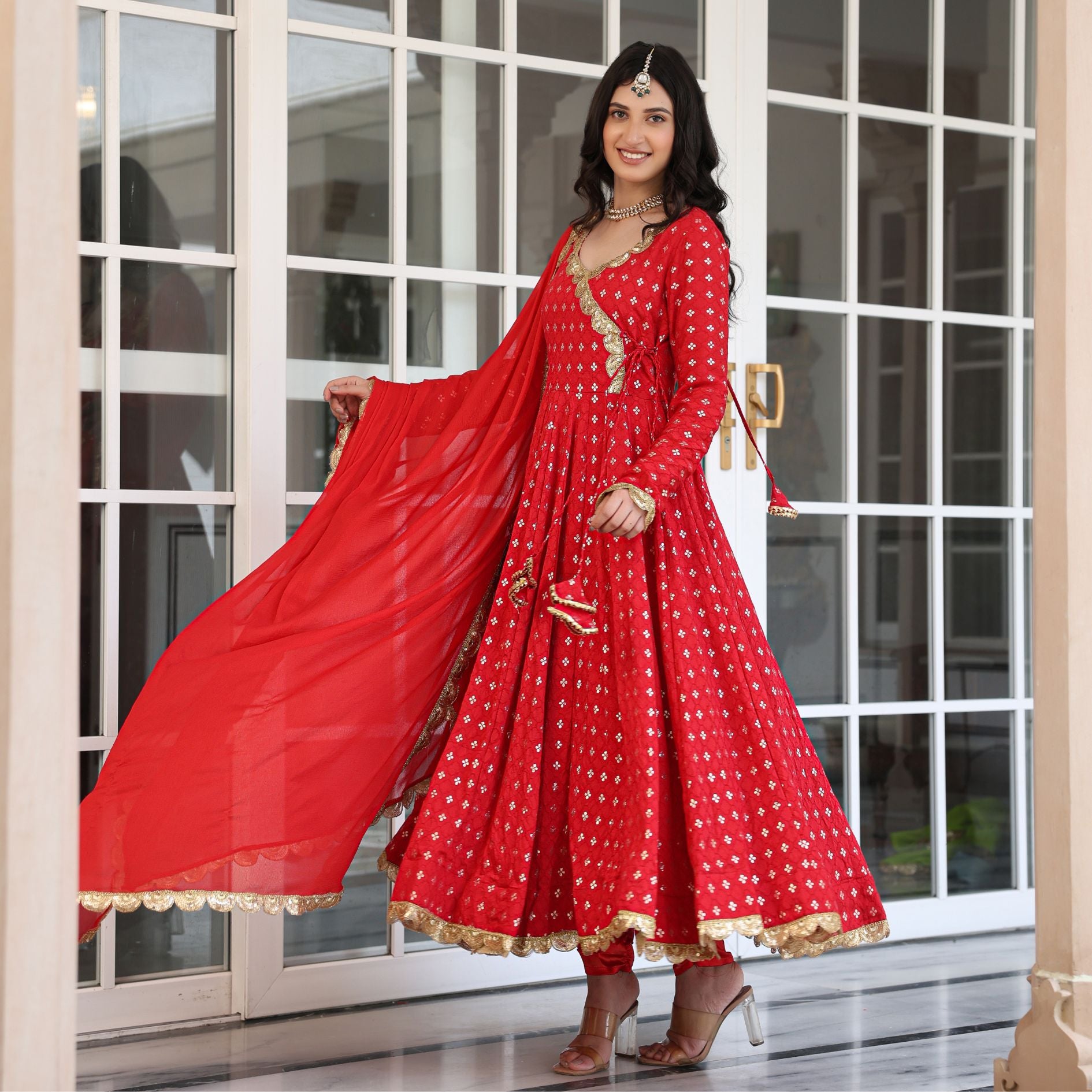 Karwachauth Red Jacquard Anarkali Suit Set