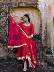 Red Mirror Work Embroidered Anarkali Suit Set