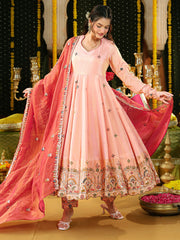 Peach Tissue Heavy Embroidered Anarkali Suit Set