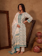 White & Teal Blue Floral Boota Hand Block Print Cotton Straight Kurta Set