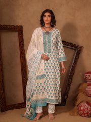 White & Teal Blue Floral Boota Hand Block Print Cotton Straight Kurta Set