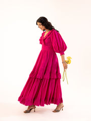 Fuchsia - Magenta Cotton Tiered Maxi Dress with Ruffle Detail