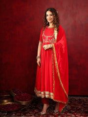 Sindoor Red Zardozi Hand Embroidery Anarkali Suit Set