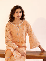 Peach Hakoba Kurta Set with Cutwork Embroidery