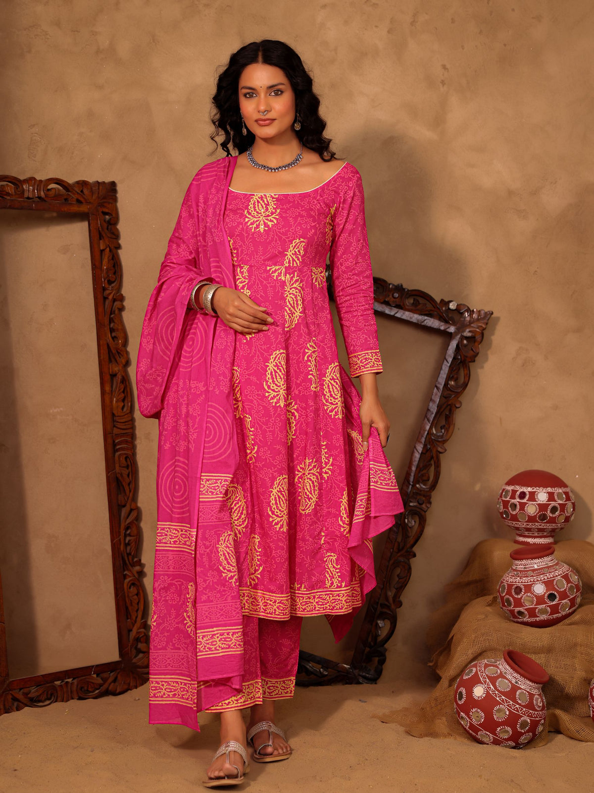 Pink Paisley Hand Block Print Cotton A-Line Kurta