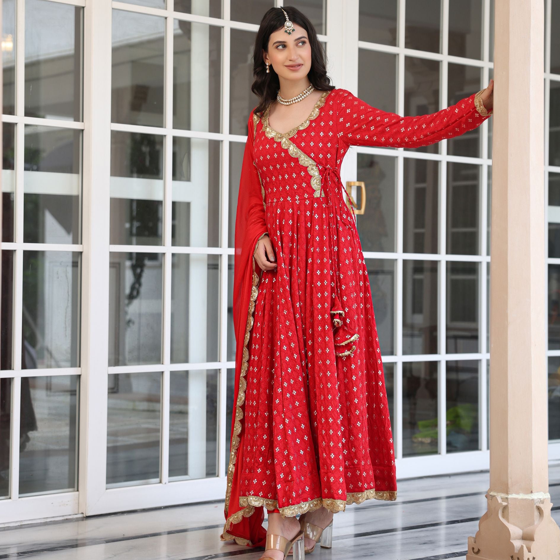 Karwachauth Red Jacquard Anarkali Suit Set