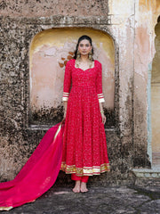 Red Mirror Work Embroidered Anarkali Suit Set
